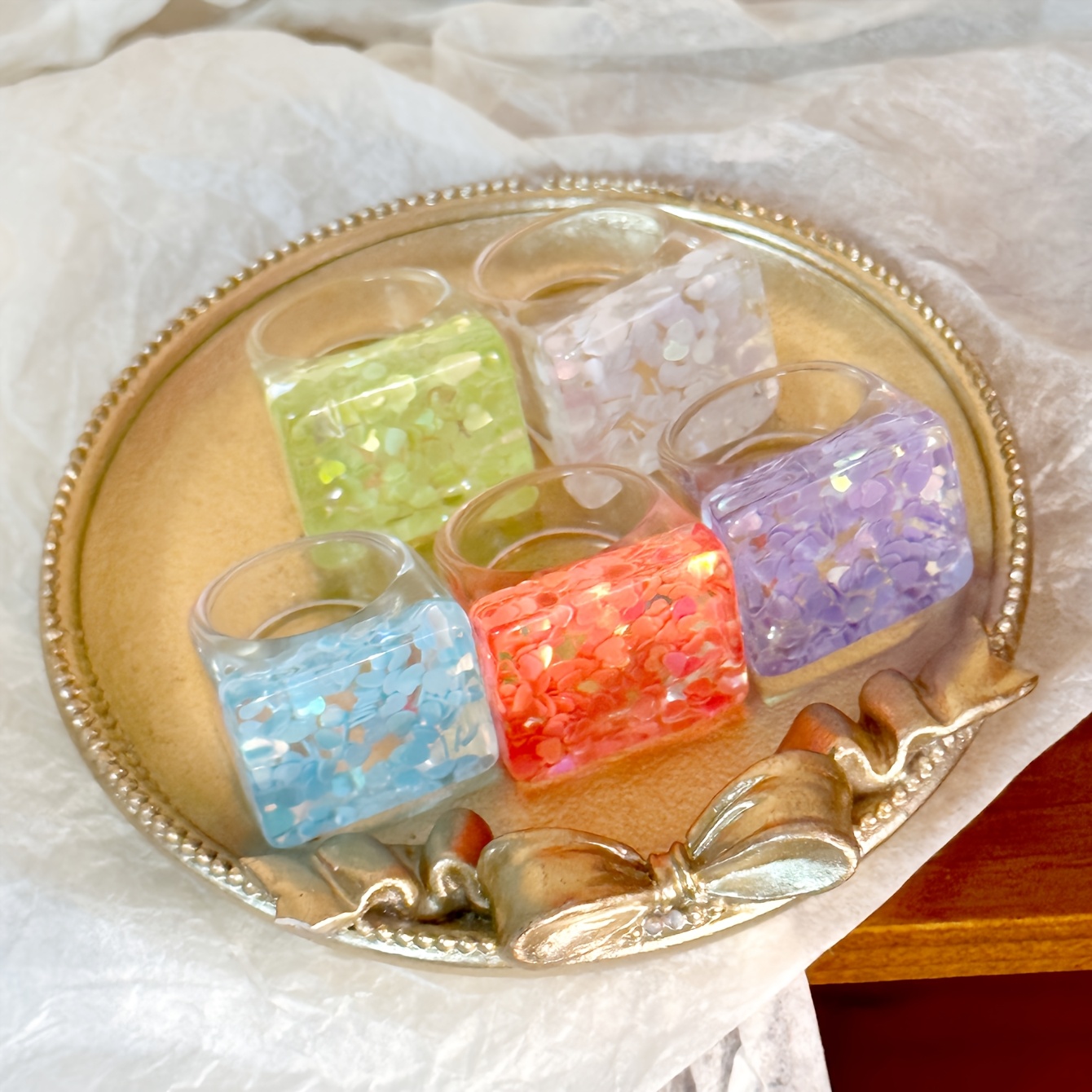 5pcs Floral Accented Resin Stacking Rings for Daily & Vacation Wear